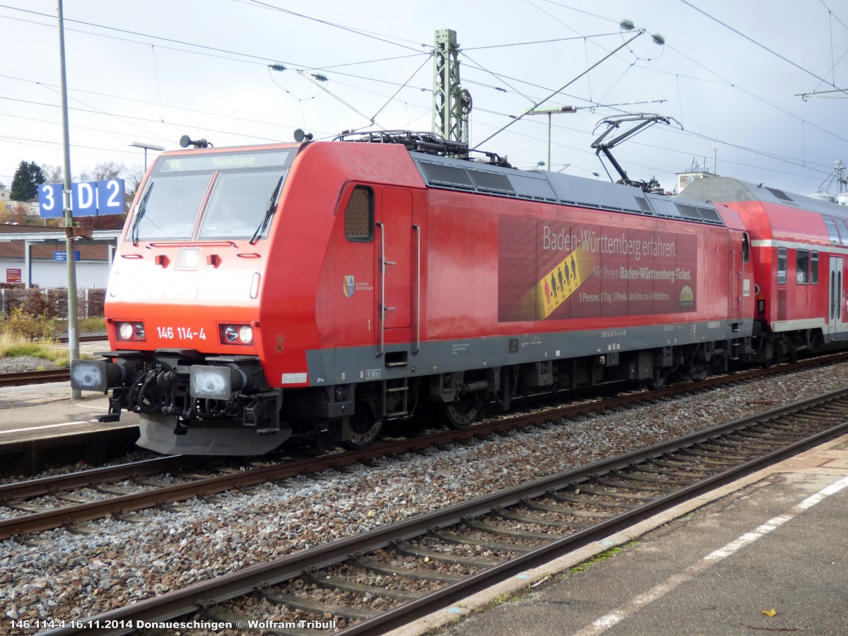 146 114-4 aufgenommen am 16.11.2014 mit dem Taufnamen Landkreis Emmendingen im Bahnhof Donaueschingen